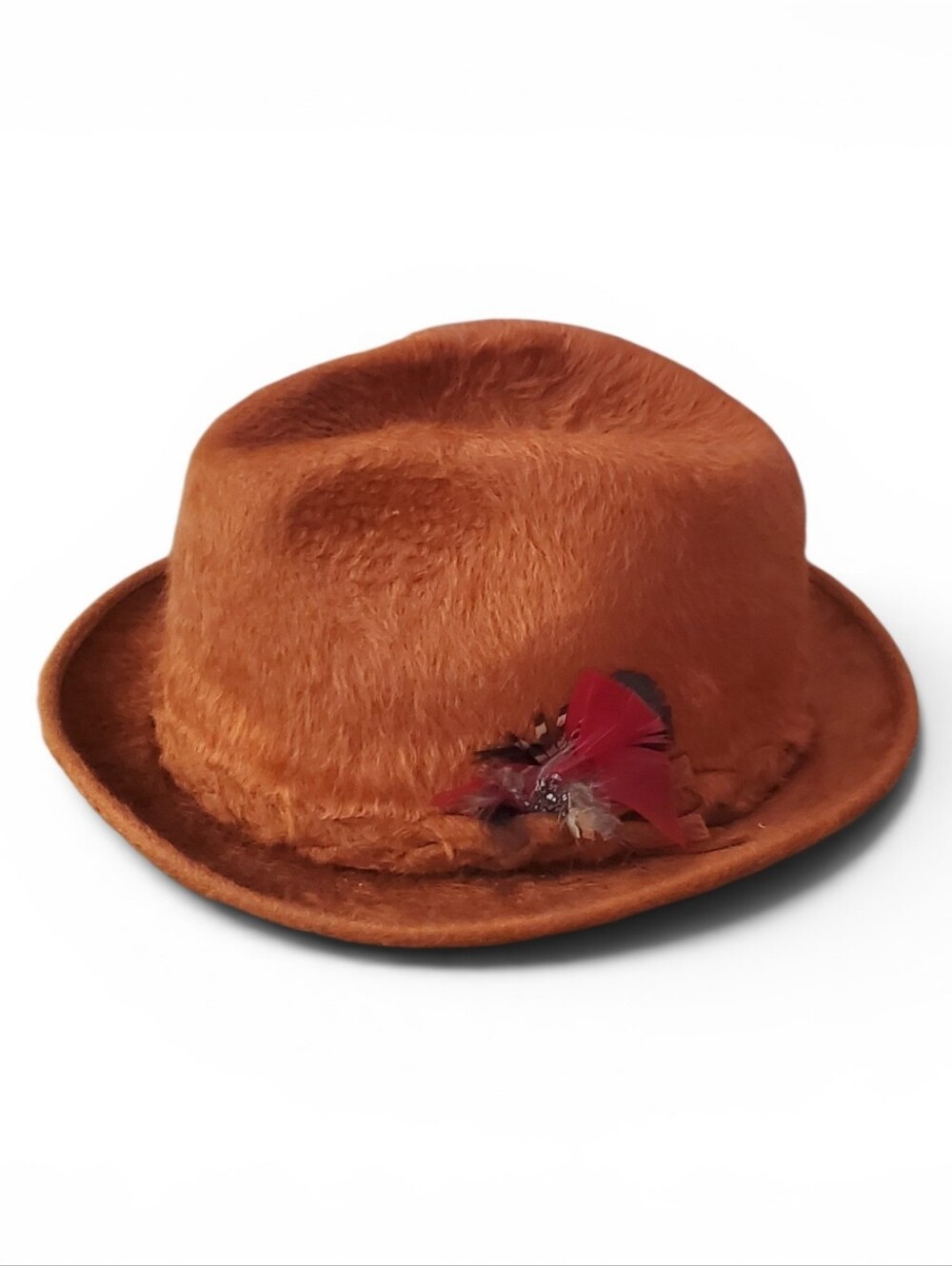 Vintage Biltmore Al Baskin Canidian Beaver Orange Fedora with Feather Accent.
